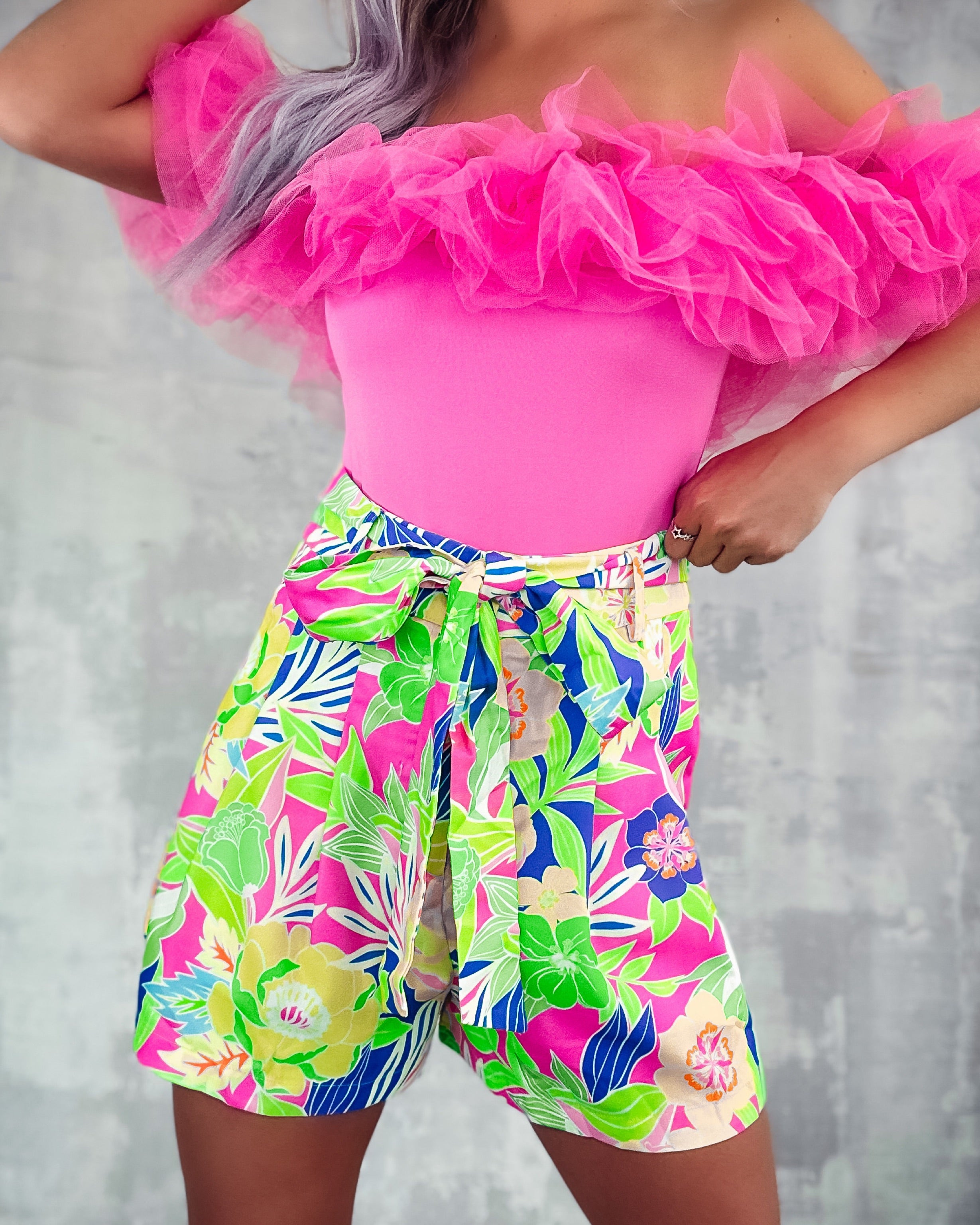 Tropical Breeze Pleated Shorts - Pink/Blue