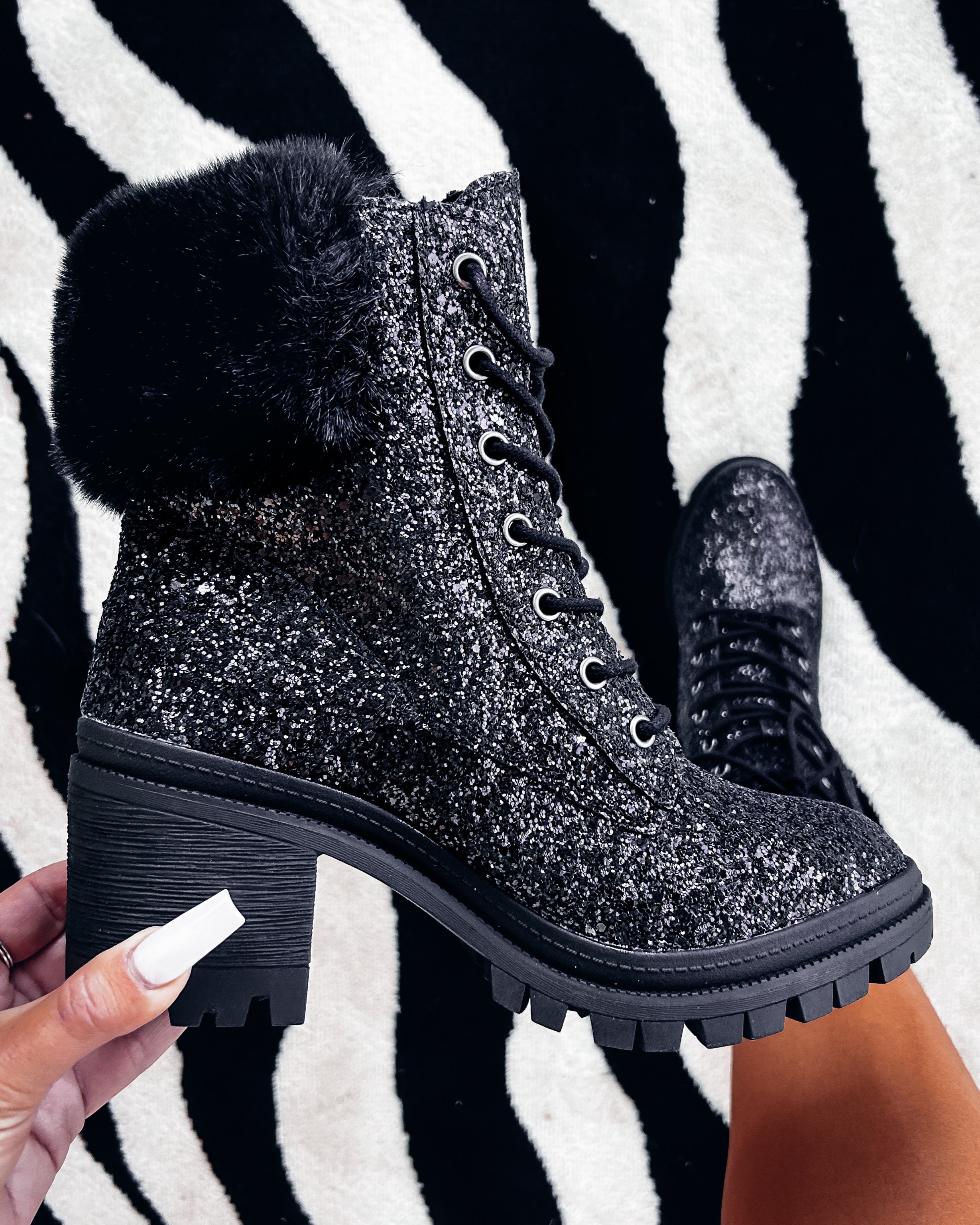 Talk Glitter To Me Fur Boots - Black