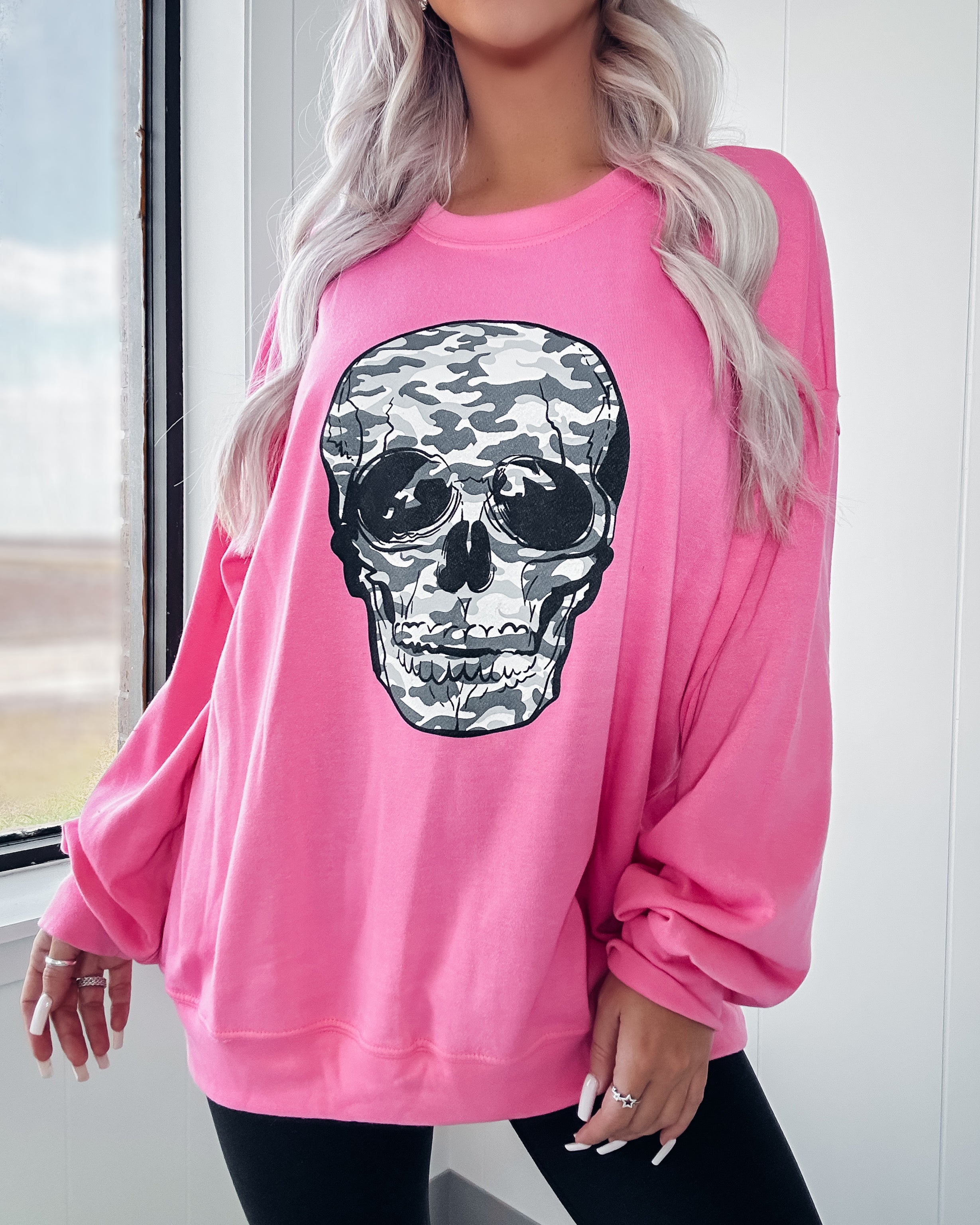 On To The Next Camo Skull Sweatshirt- Pink