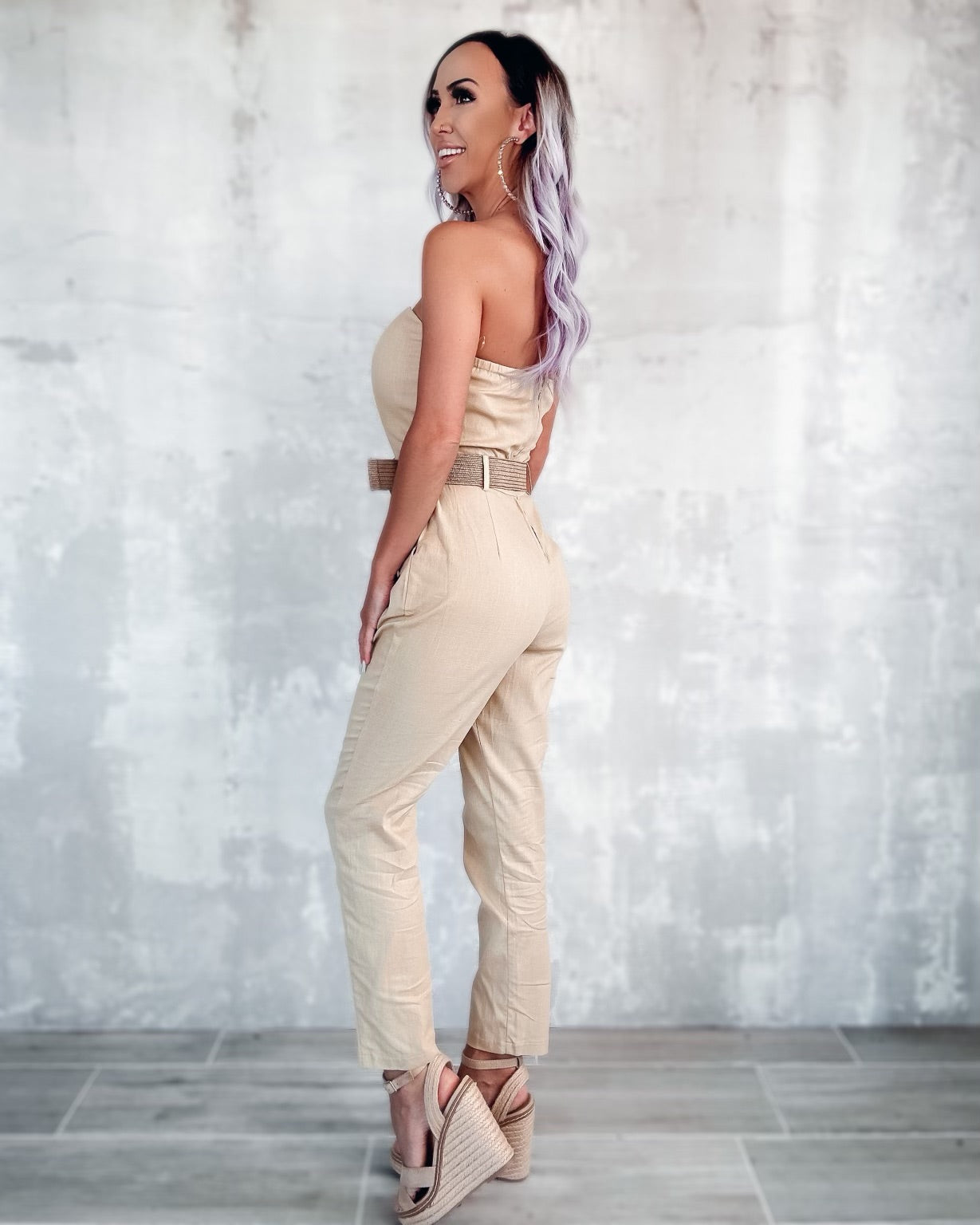 Belted Beauty Strapless Jumpsuit - Natural