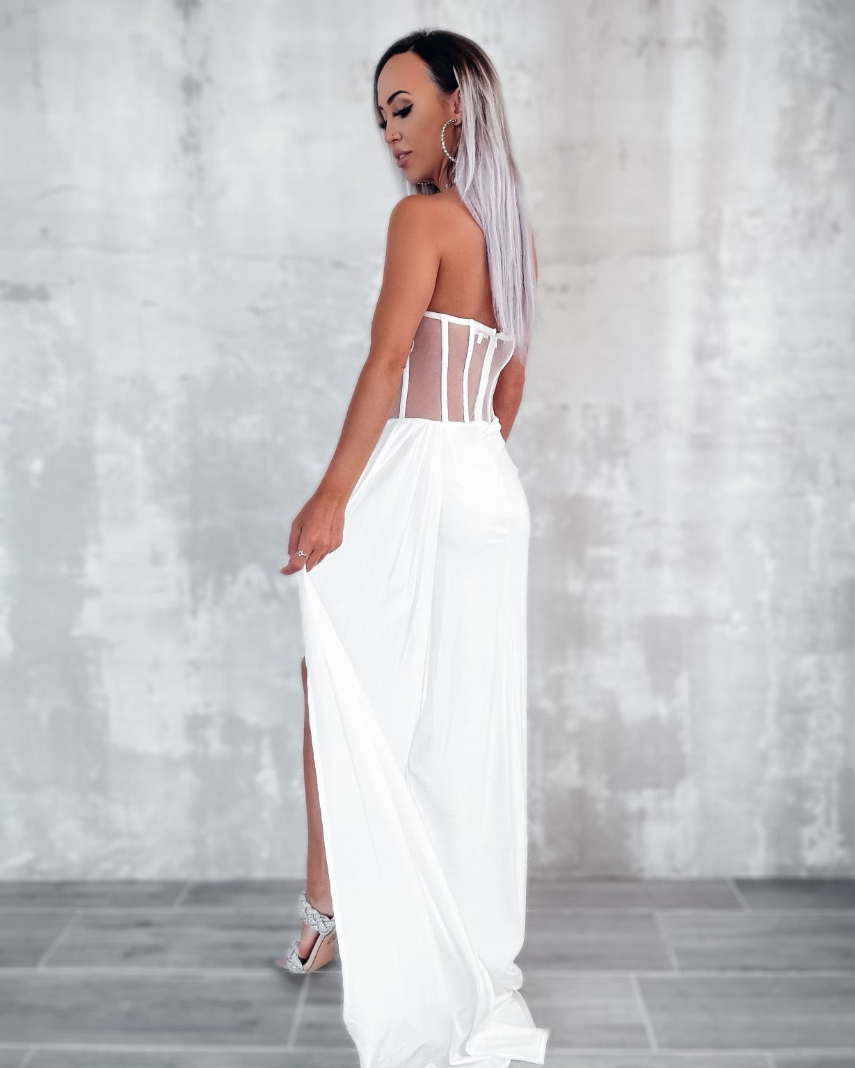 Bombshell Corseted High Slit Gown - White