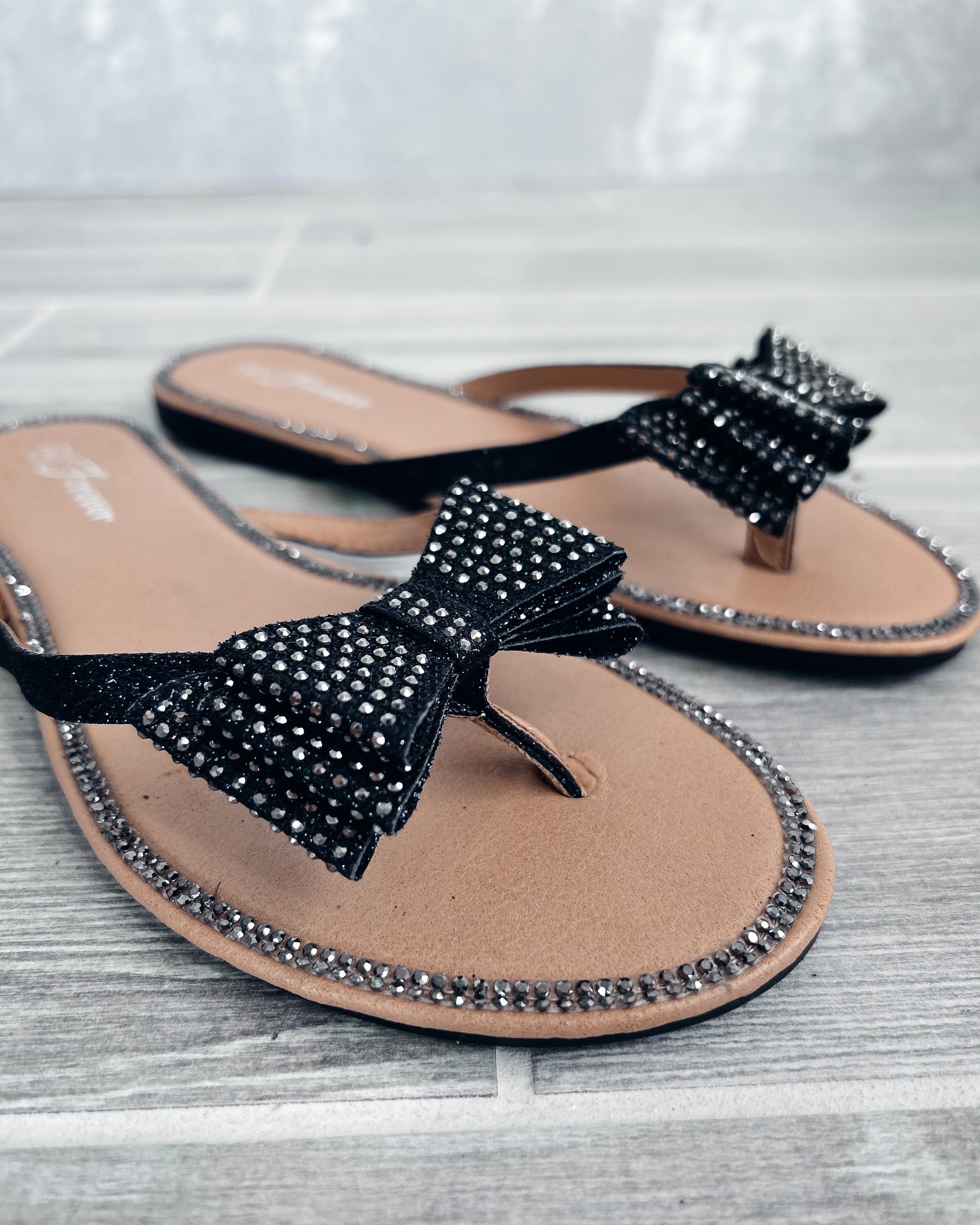 Bejeweled Bow Sandals - Black