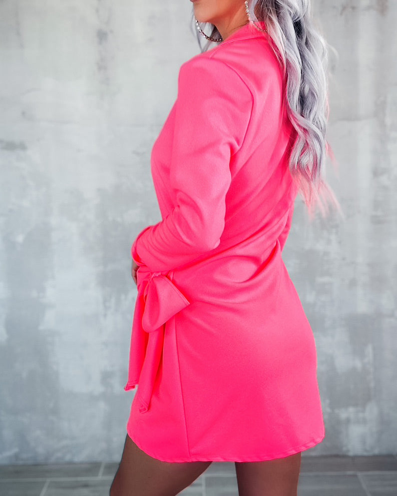 Electric Glow Tie Waist Blazer Dress - Neon Pink