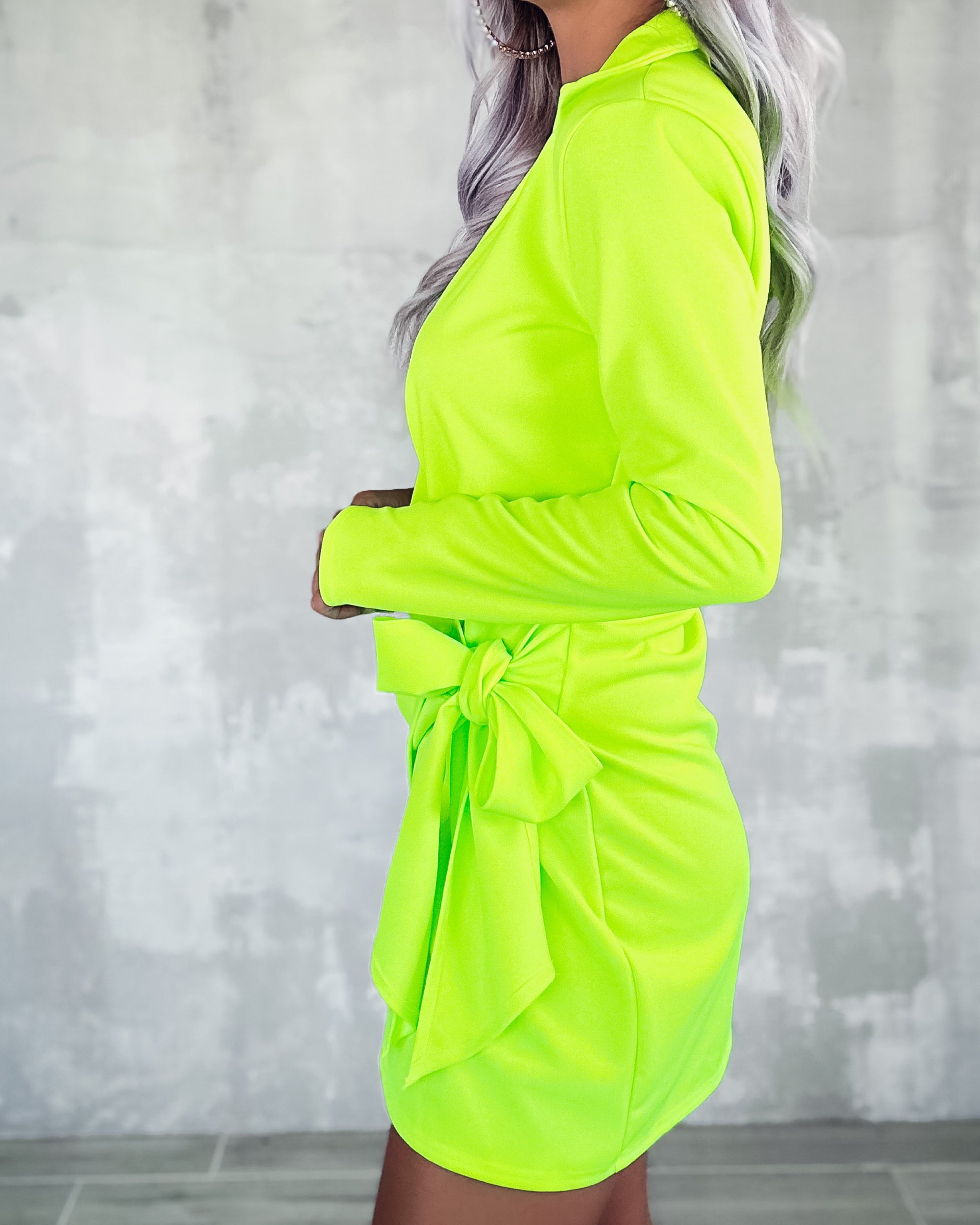Electric Glow Tie Waist Blazer Dress - Neon Lime