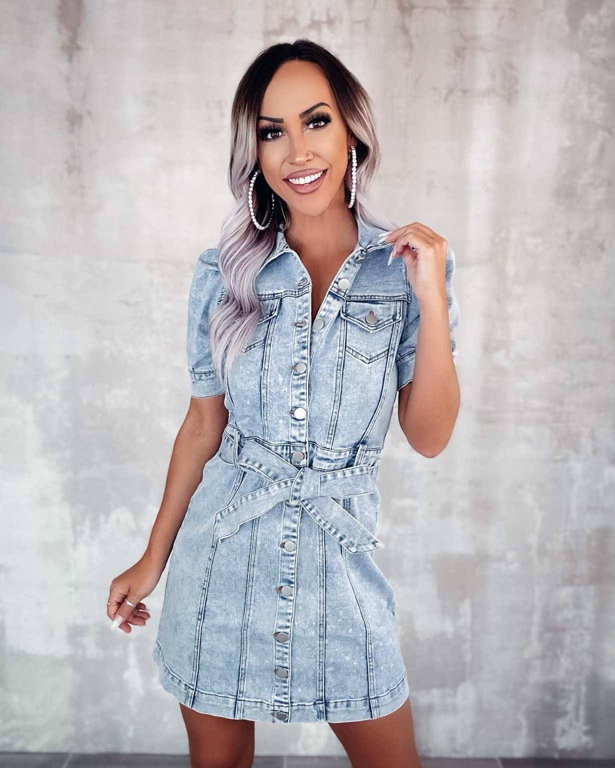 Relaxed Ruched Sleeve Denim Dress - Light