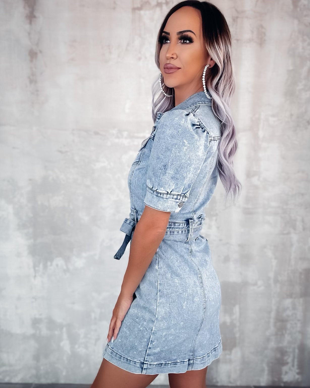 Relaxed Ruched Sleeve Denim Dress - Light