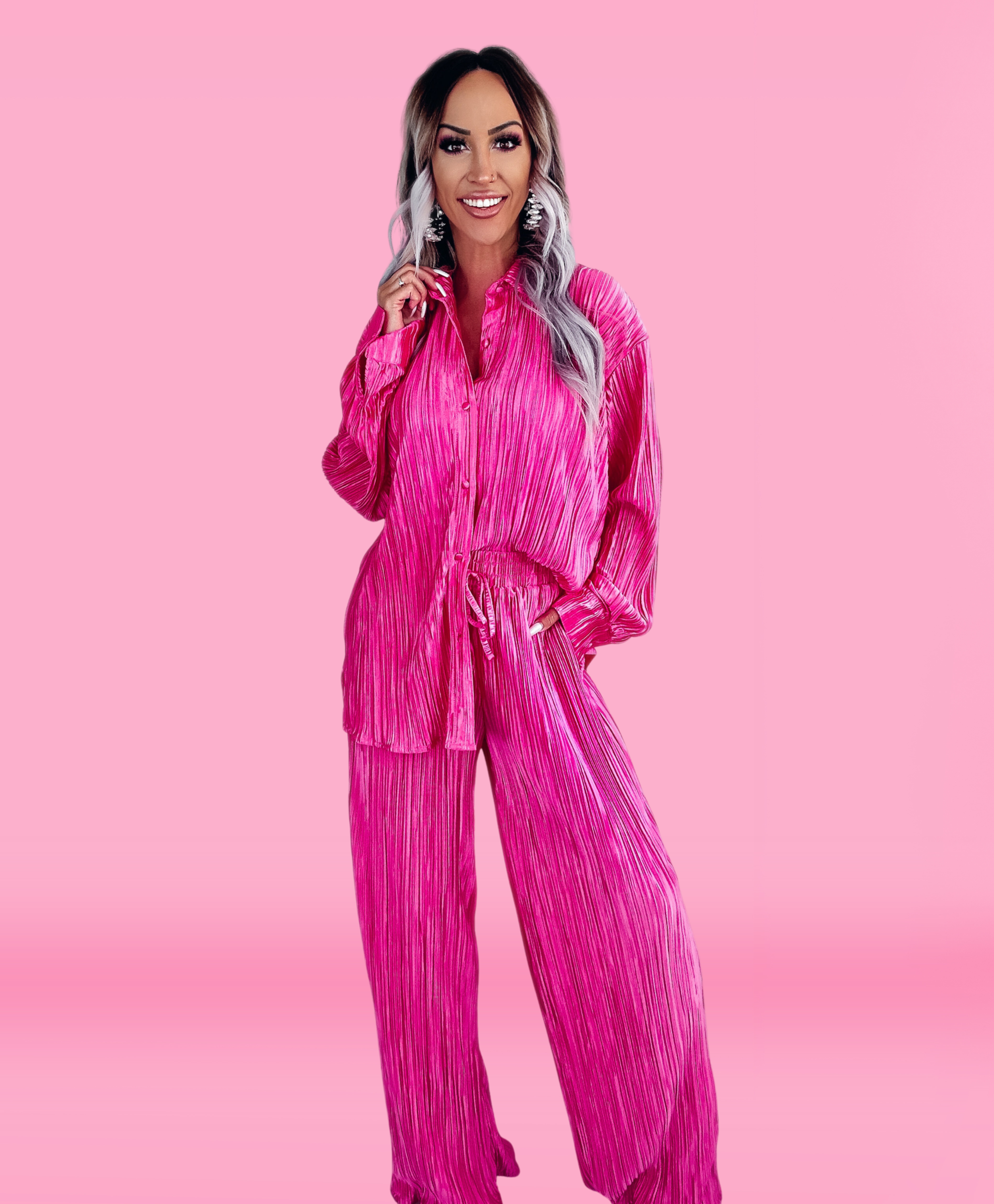 Relaxed Pleat Paradise Lounge Set - Hot Pink
