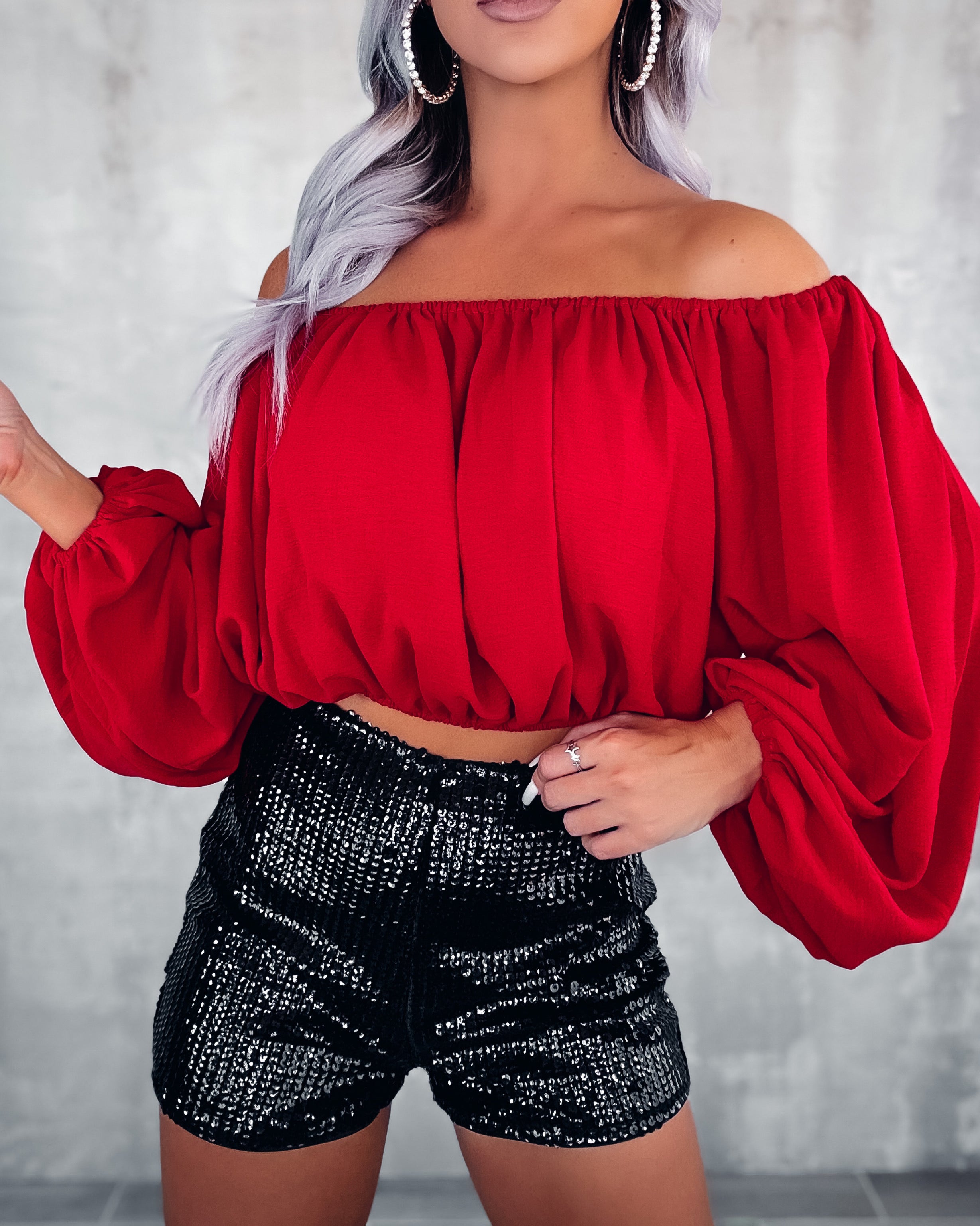 Play Day Balloon Sleeve Off Shoulder Top - Red