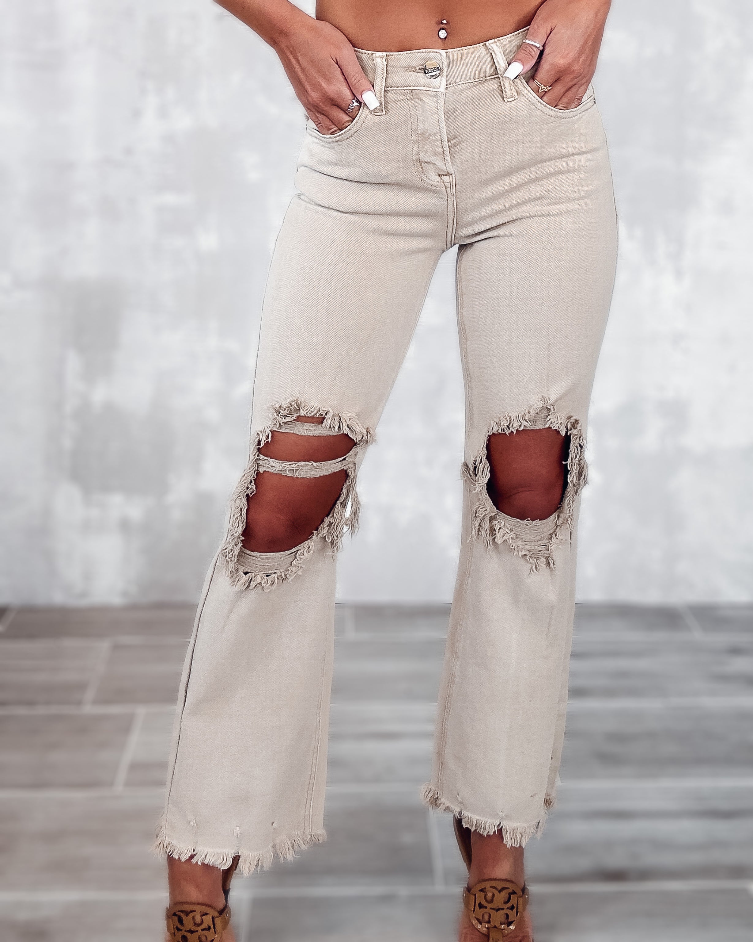 Jessie High Rise Distressed Jeans - Sand