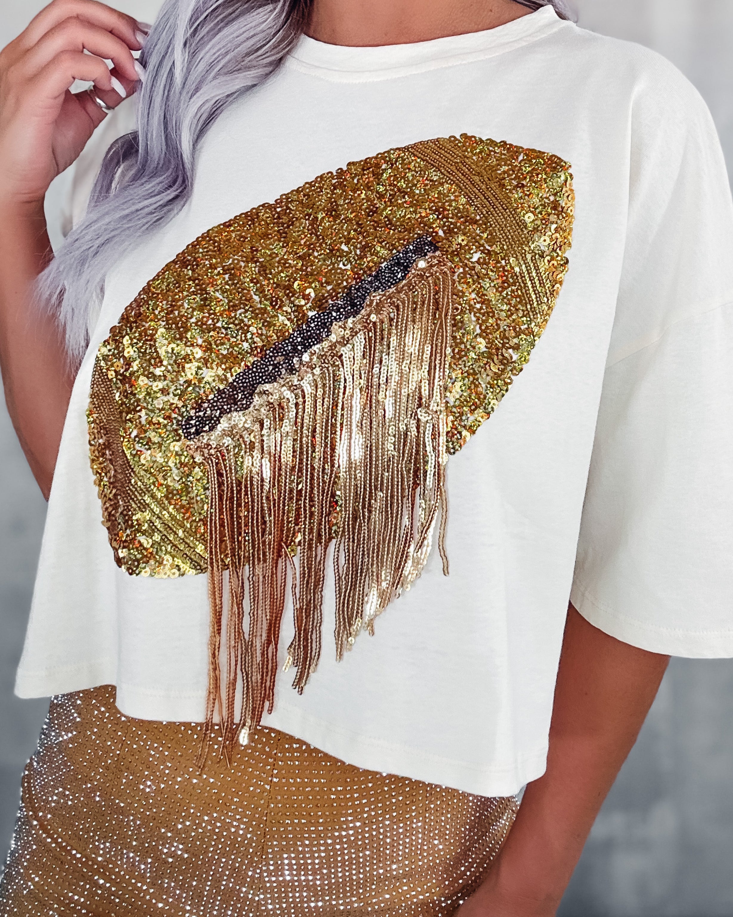 Victory Football Embellished Crop Tee - Cream/Gold