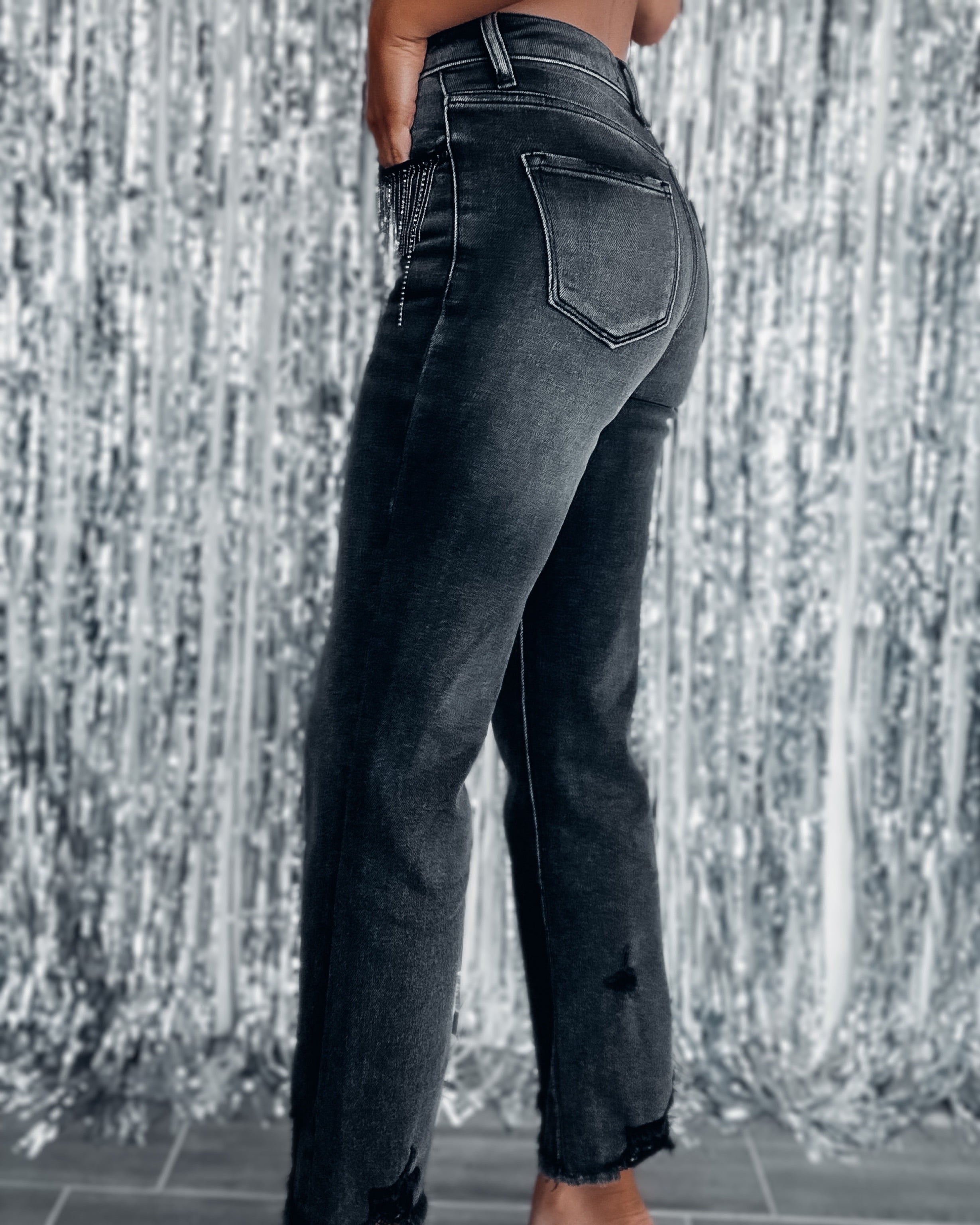 Rock & Rhinestone Cropped Jeans - Dark Grey