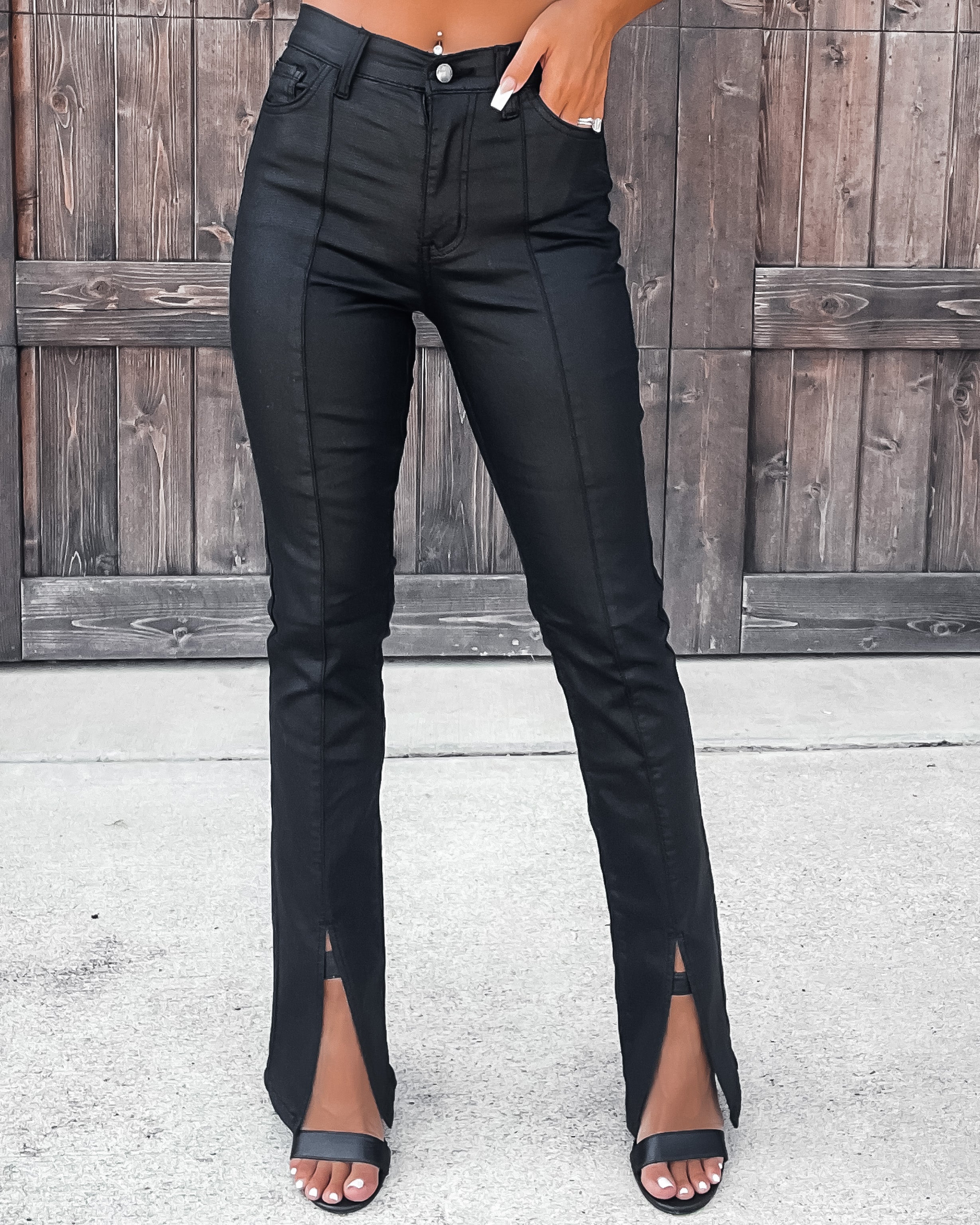 Once In A Lifetime Coated Leather Pleated Slit Pants