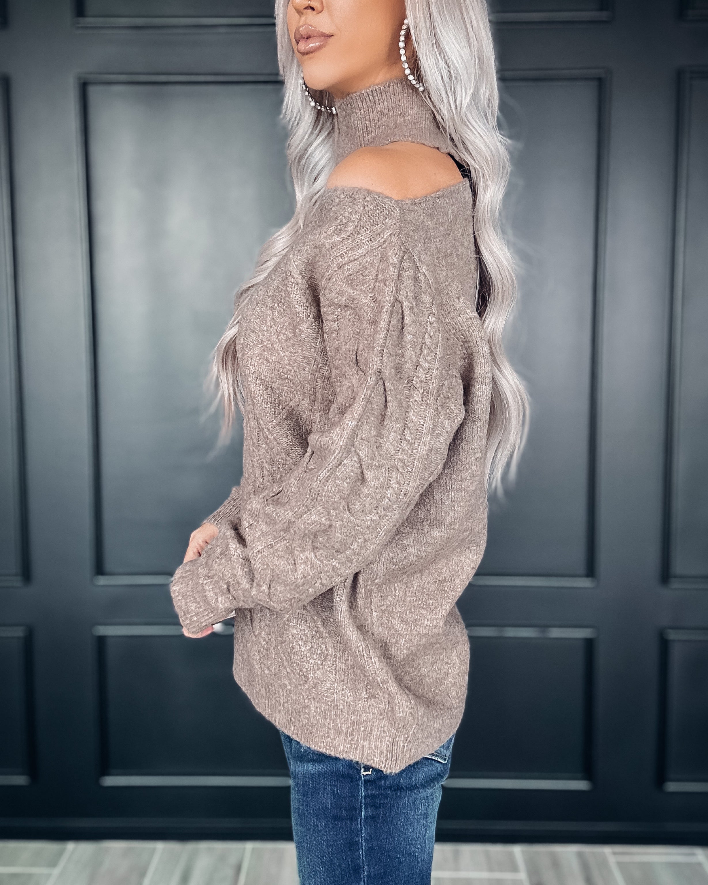 Simple Life Knit Cutout Shoulder Sweater - Taupe