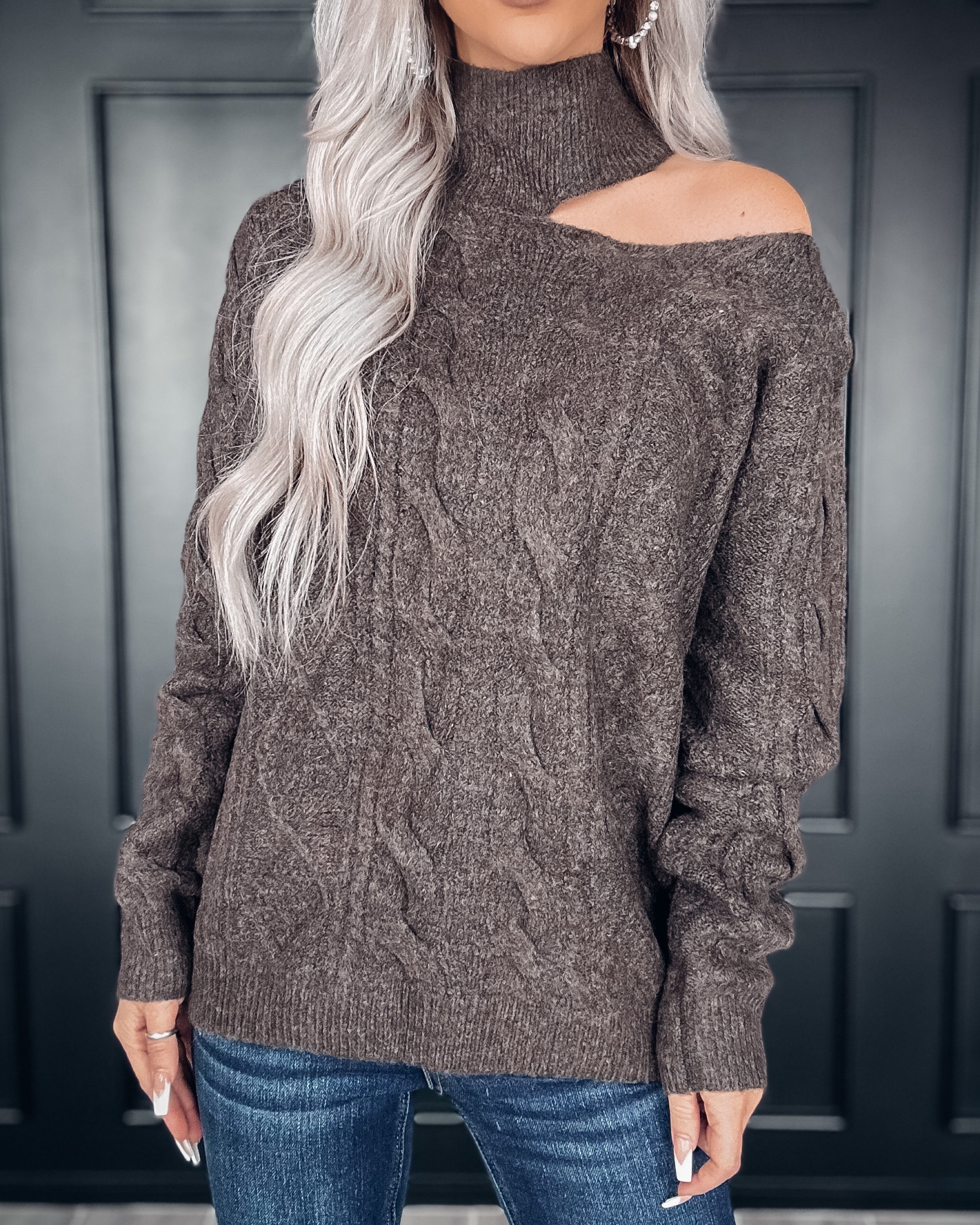 Simple Life Knit Cutout Shoulder Sweater - Mocha