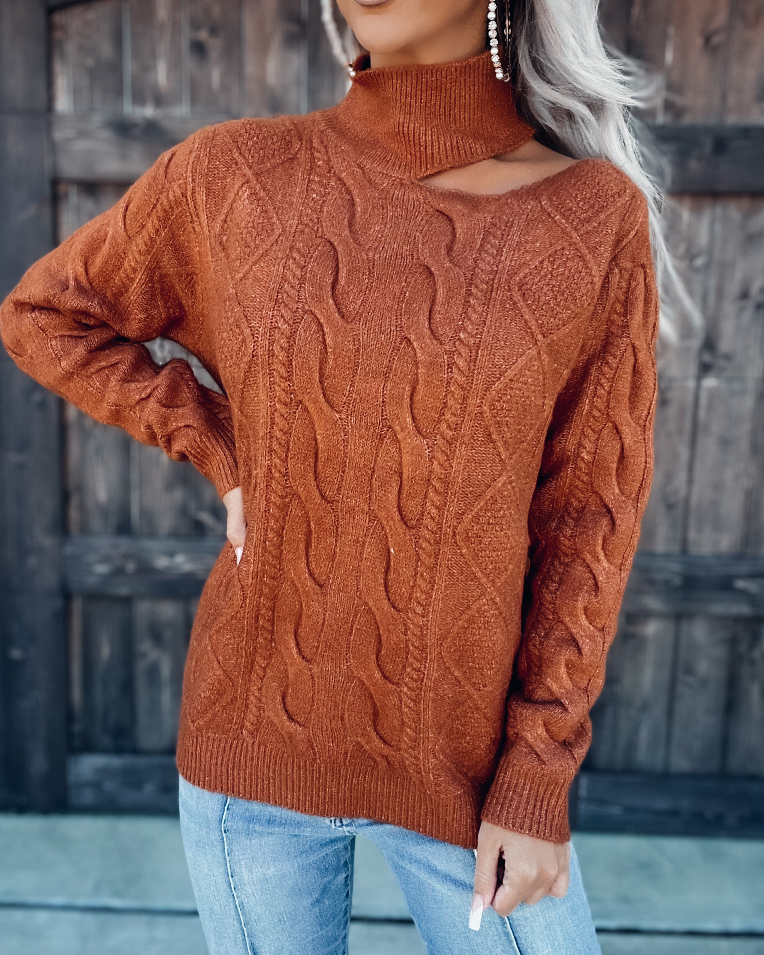 Simple Life Knit Cutout Shoulder Sweater - Rust