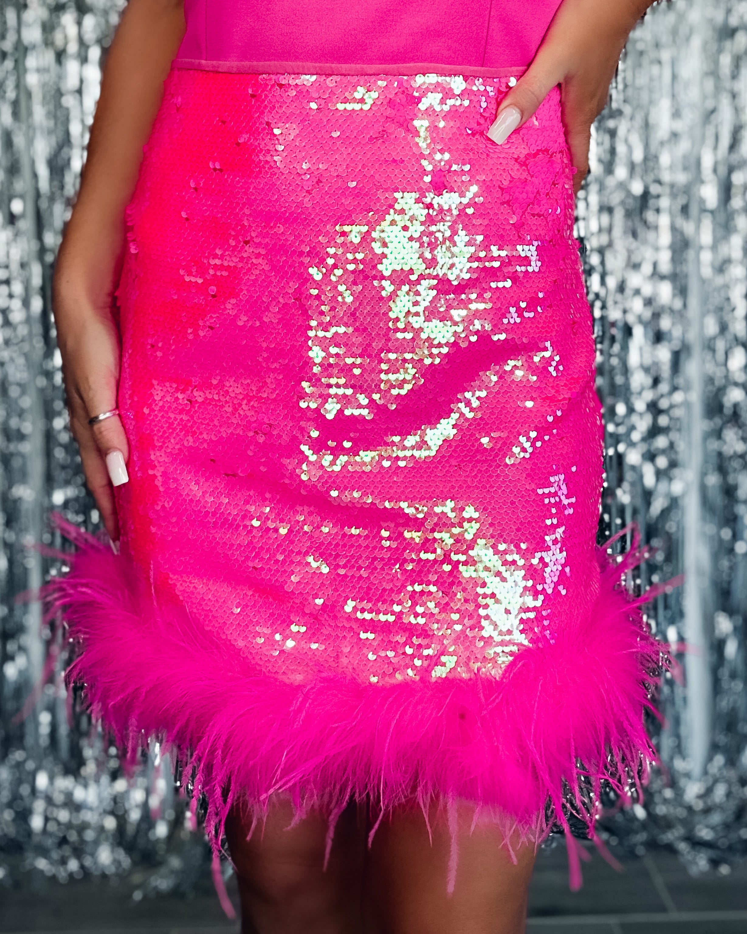 Sparkling Feathers Sequin Skirt - Hot Pink