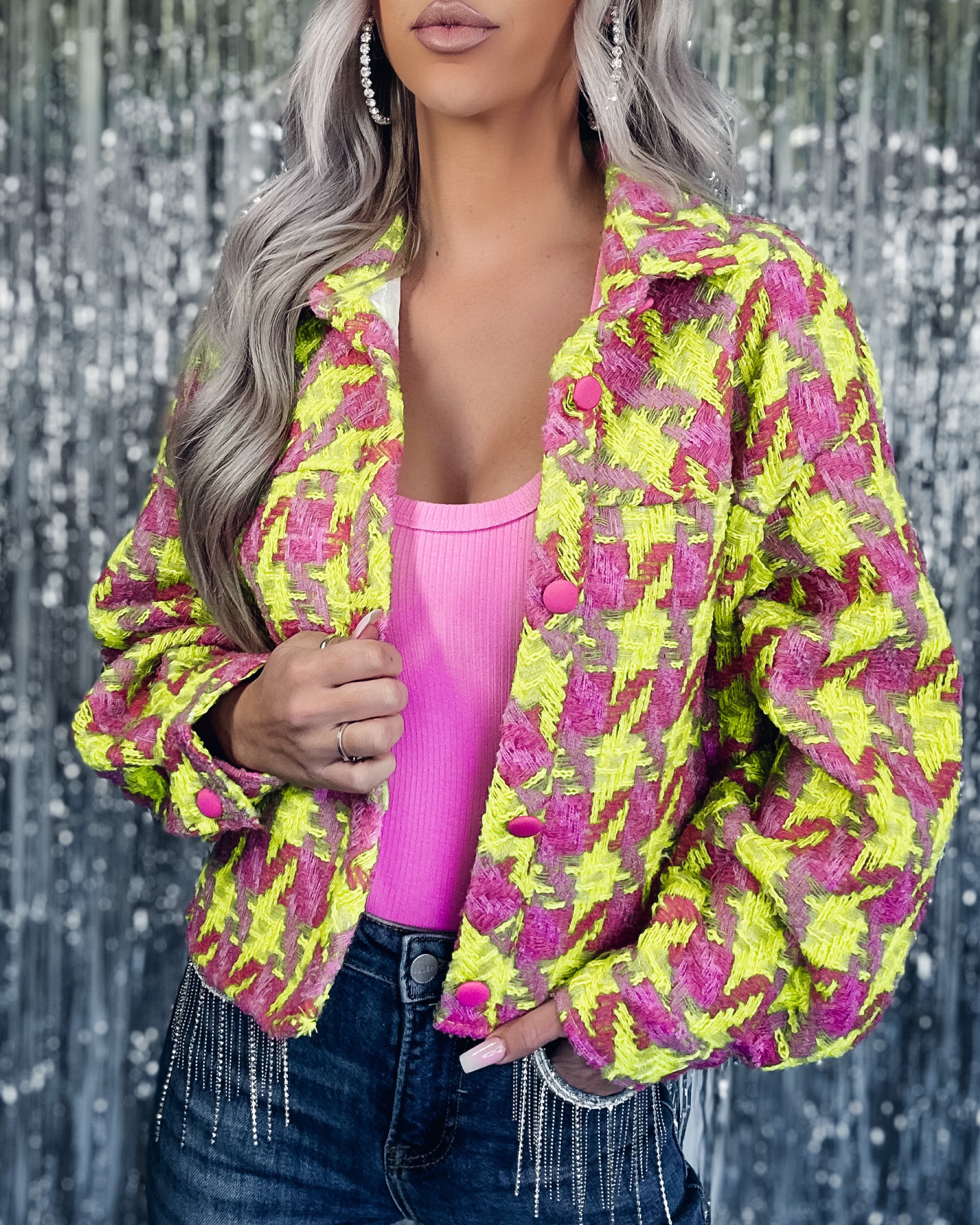Take Me There Neon Tweed Blazer - Pink/Yellow
