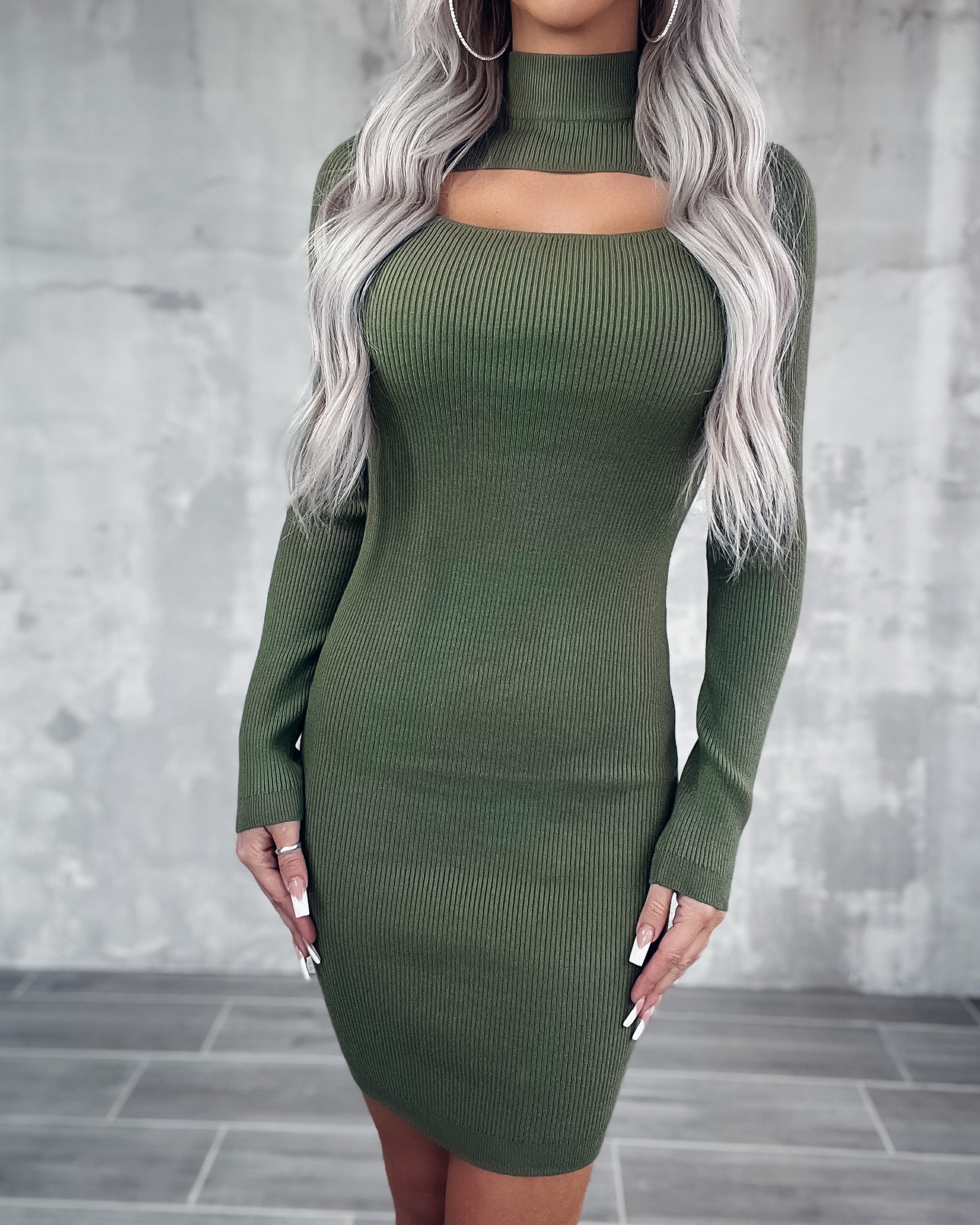 Long Sleeve Cutout Sweater Dress - Olive
